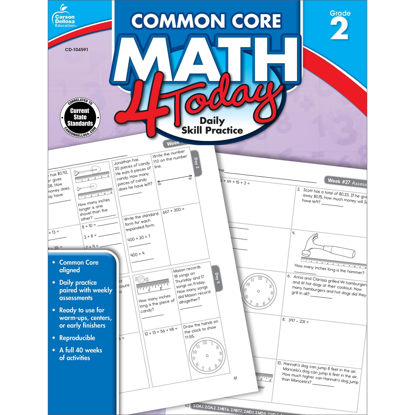 Carson Dellosa Common Core Math 4 Today Second Grade Workbook, Telling Time, Fractions, Addition, Subtraction, Number Patterns, and More, Mathematics ... Curriculum (Volume 5) (Common Core 4 Today) - 5460