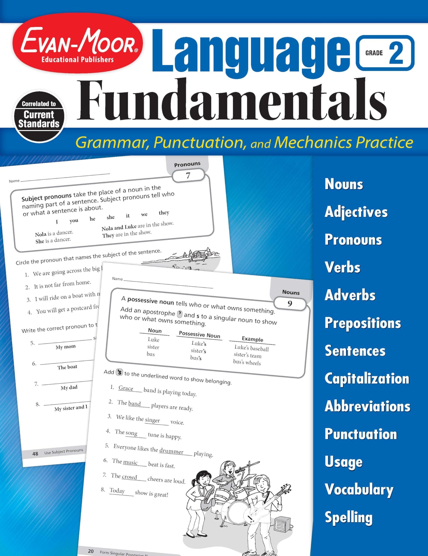 Evan-Moor Language Fundamentals, Grade 2, Homeschool and Classroom Resource Workbook, Reproducible Worksheets, Nouns, Verbs, Adjectives, Pronouns, Capitalization, Punctuation, Spelling, Vocabulary