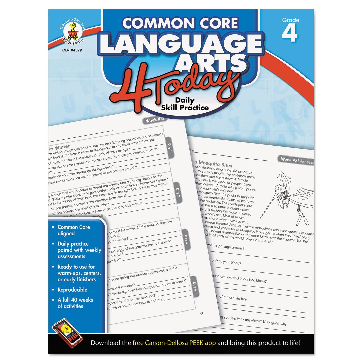 Carson Dellosa Common Core 4 Today Workbook, Language Arts, Grade 4, 96 Pages (CDP104599)