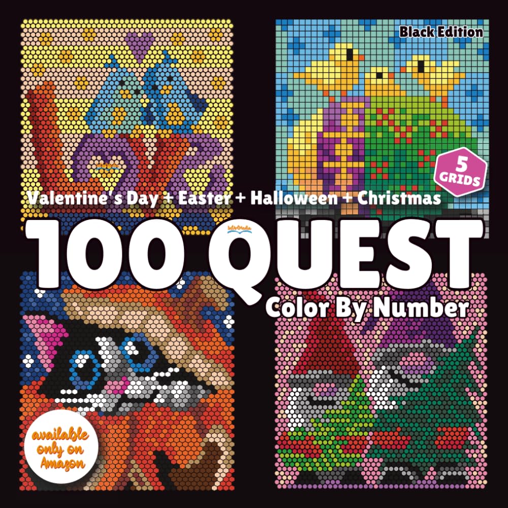 100 QUEST Color By Number: Valentine’s Day + Easter + Halloween + Christmas (Black Edition): A Holiday-Themed Mystery Mosaic Color By Number Puzzle Book for Adults and Teens - 8250
