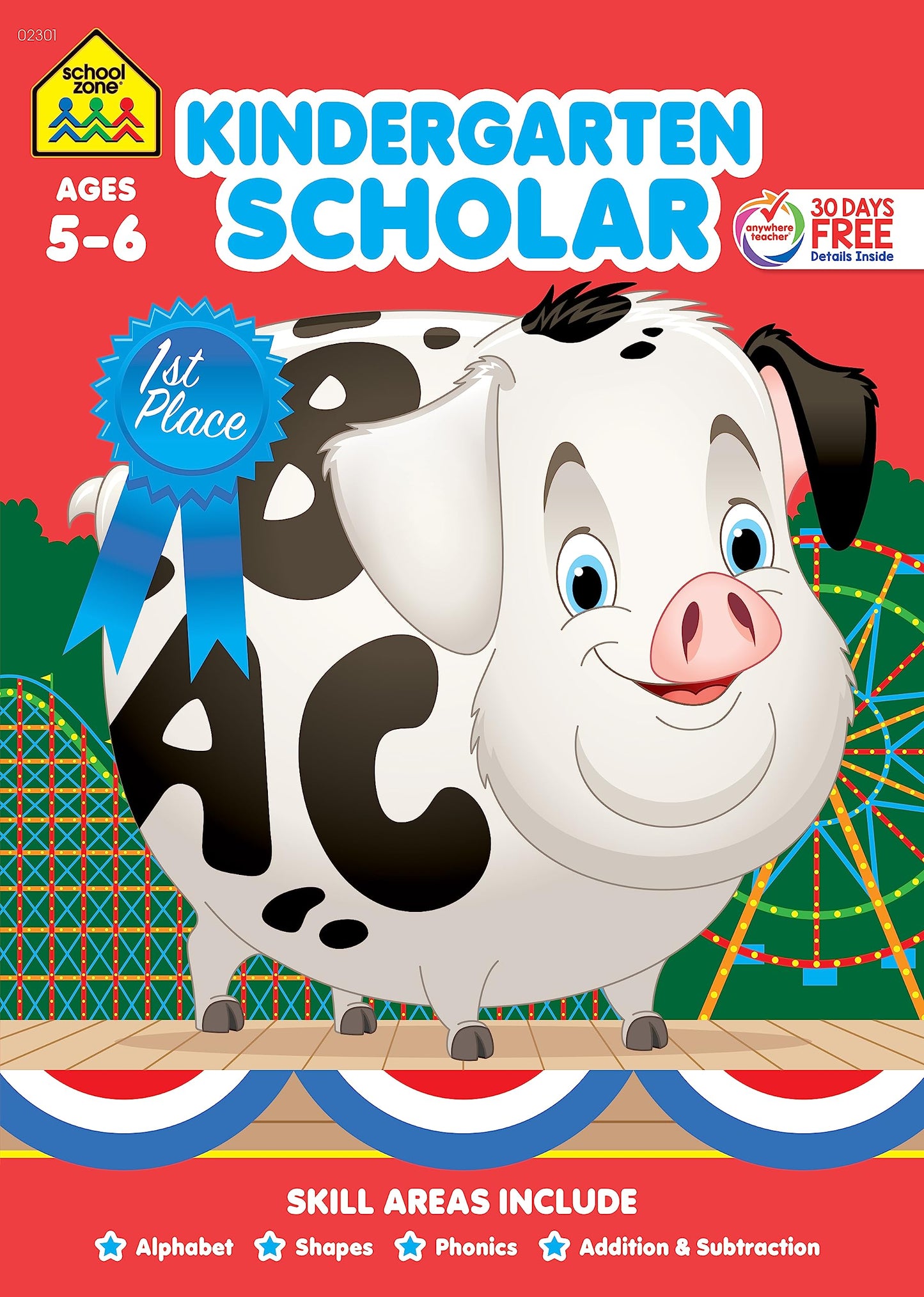 School Zone Kindergarten Scholar Workbook: 64 Pages, Alphabet, Phonics, Shapes, Patterns, Language Arts, Early Math, Counting, Addition & Subtraction, Ages 5 to 6
