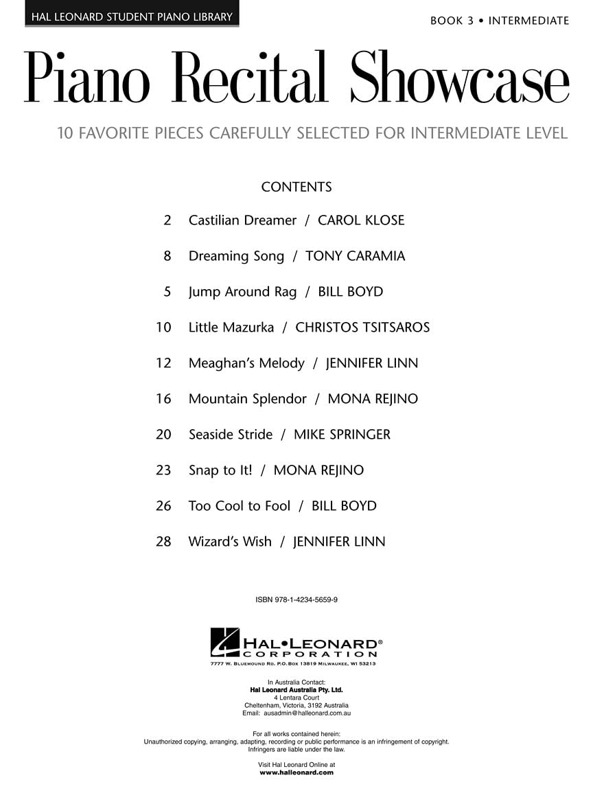 Piano Recital Showcase - Book 3: 10 Favorite Pieces Carefully Selected for Intermediate Level (Hal Leonard Student Piano Library) - 8488