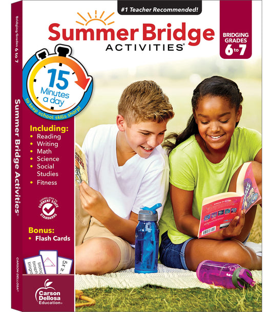 Summer Bridge Activities 6th to 7th Grade Workbooks, Math, Reading Comprehension, Writing, Science, Social Studies, Fitness Summer Learning, 7th Grade Workbooks All Subjects With Flash Cards - 5290