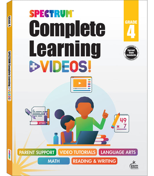 Spectrum Complete Learning + Videos 4th Grade Workbook, Language Arts, Reading Comprehension, Writing, and Math Book for Kids Ages 9-10 With Video Tutorials (Volume 69) - 4802
