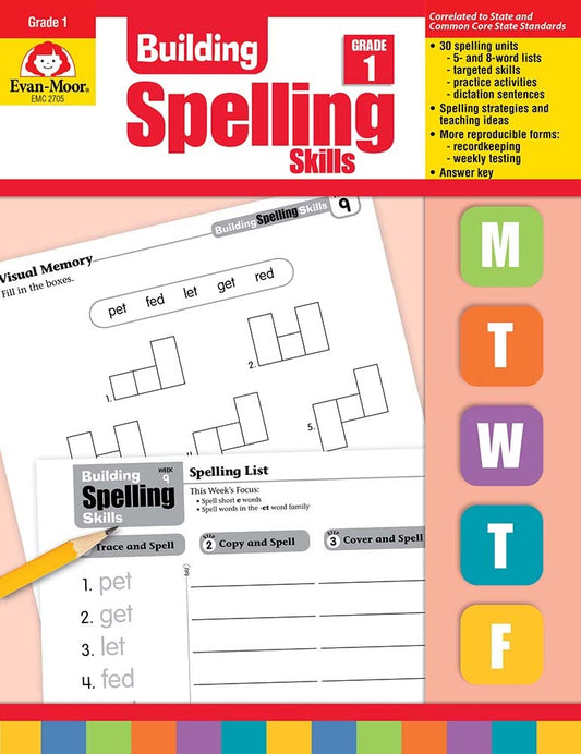 Evan-Moor Building Spelling Skills, Grade 1 - Homeschooling & Classroom Resource Workbook, Reproducible Worksheets, Teaching Edition, Spelling Strategies, Reading and Writing Skills - 5491