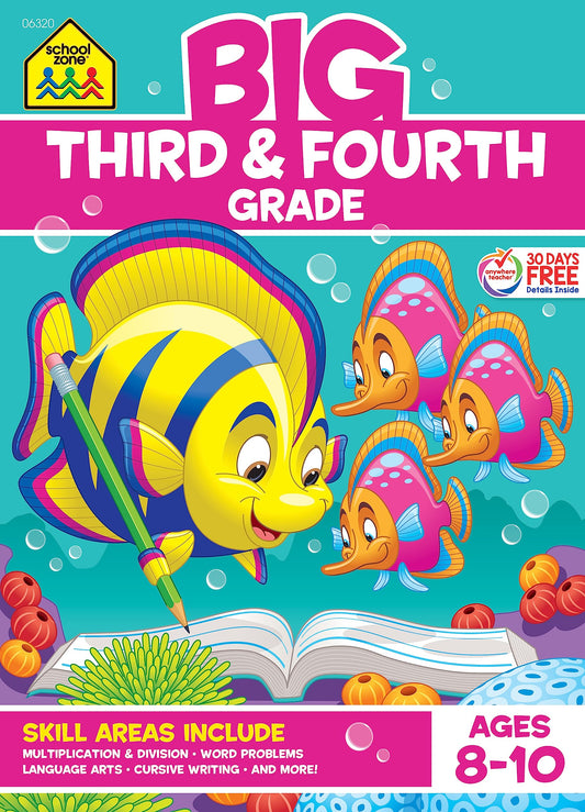 School Zone Big Third & Fourth Grade Workbook: 320 Pages, 3rd Grade, 4th Grade, Multiplication & Division, Word Problems, Geography, Language Arts, Cursive Writing, Ages 8-10 - 9434