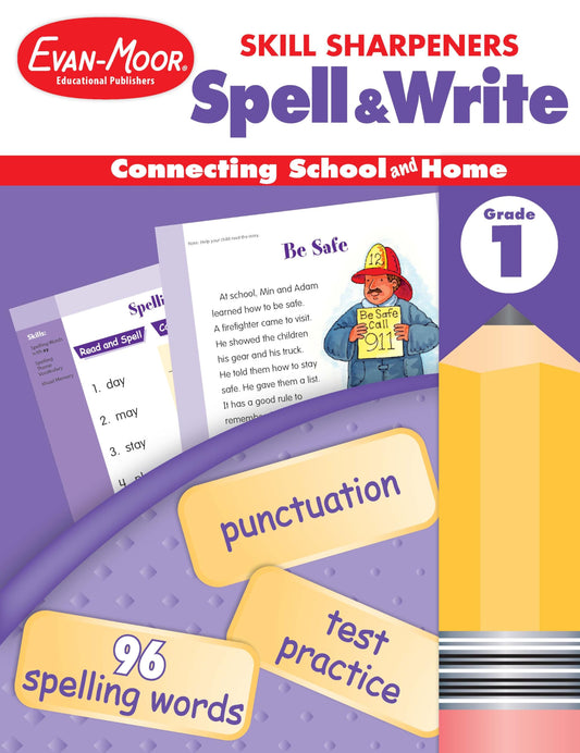 Evan-Moor Skill Sharpeners Spell and Write Workbook, Grade 1, Spelling Patterns, Test Prep, Word Families, Short Vowels, Grammar, Punctuation, Creative Writing, Vocabulary, Activities, Homeschool - 3818