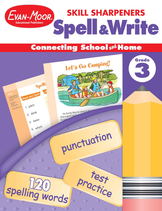 Evan-Moor Skill Sharpeners Spell and Write Workbook, Grade 3, 120 Spelling Words, Test Prep, Word Families, Short Vowels, Grammar, Punctuation, Creative Writing, Vocabulary, Activities, Homeschool - 8339