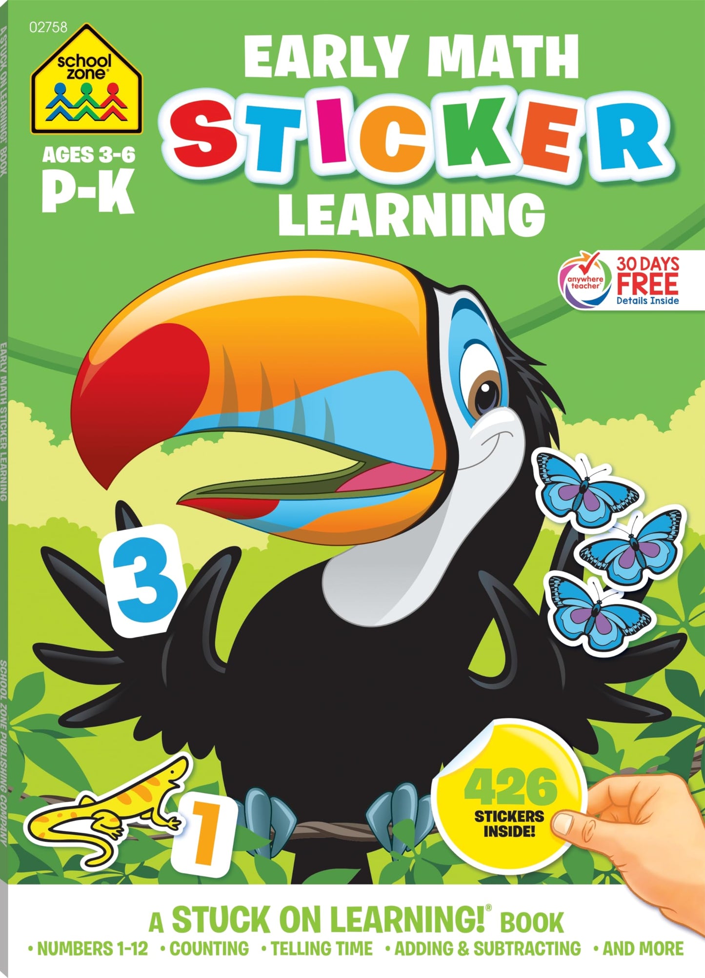 School Zone Early Math Sticker Learning Workbook: 64 Pages, Preschool, Kindergarten, 426 Stickers, Counting, Numbers 1-12, Telling Time, Ages 3 to 6 (Stuck on Learning! Book Series)