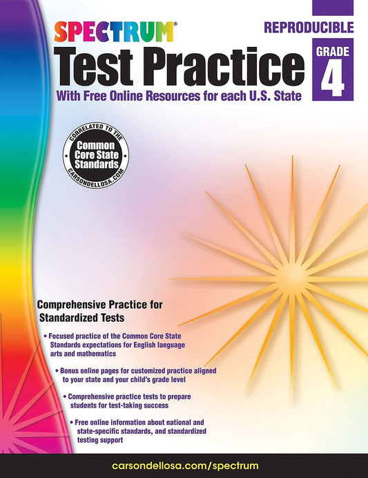 Carson Dellosa Spectrum 4th Grade Test Practice Workbook All Subjects, Ages 9 to 10, Grade 4 Test Practice Math, Language Arts, Reading Comprehension, Vocabulary, Writing, and Math - 160 Pages