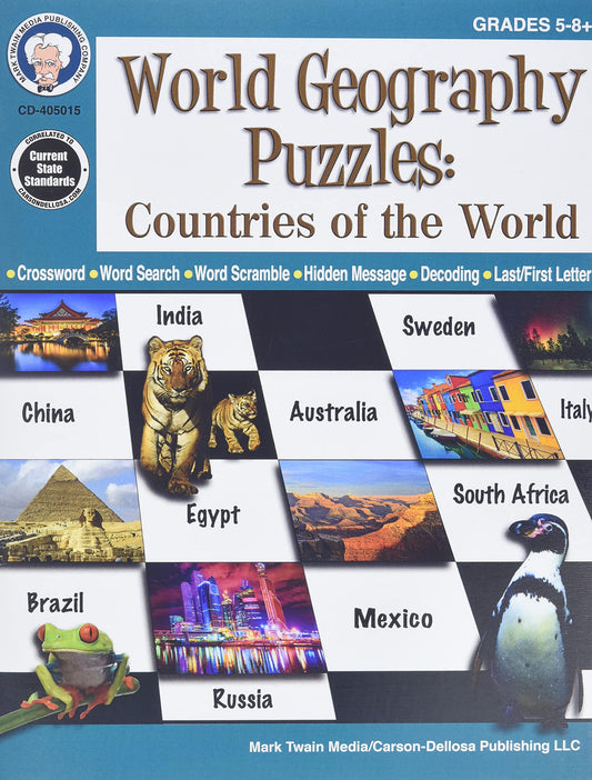 Mark Twain World Geography Puzzle Book, Countries of the World Crossword, Word Search, Hidden Messages, Decoding, and More, Educational Games for Kids Grades 5 and Up - 5964