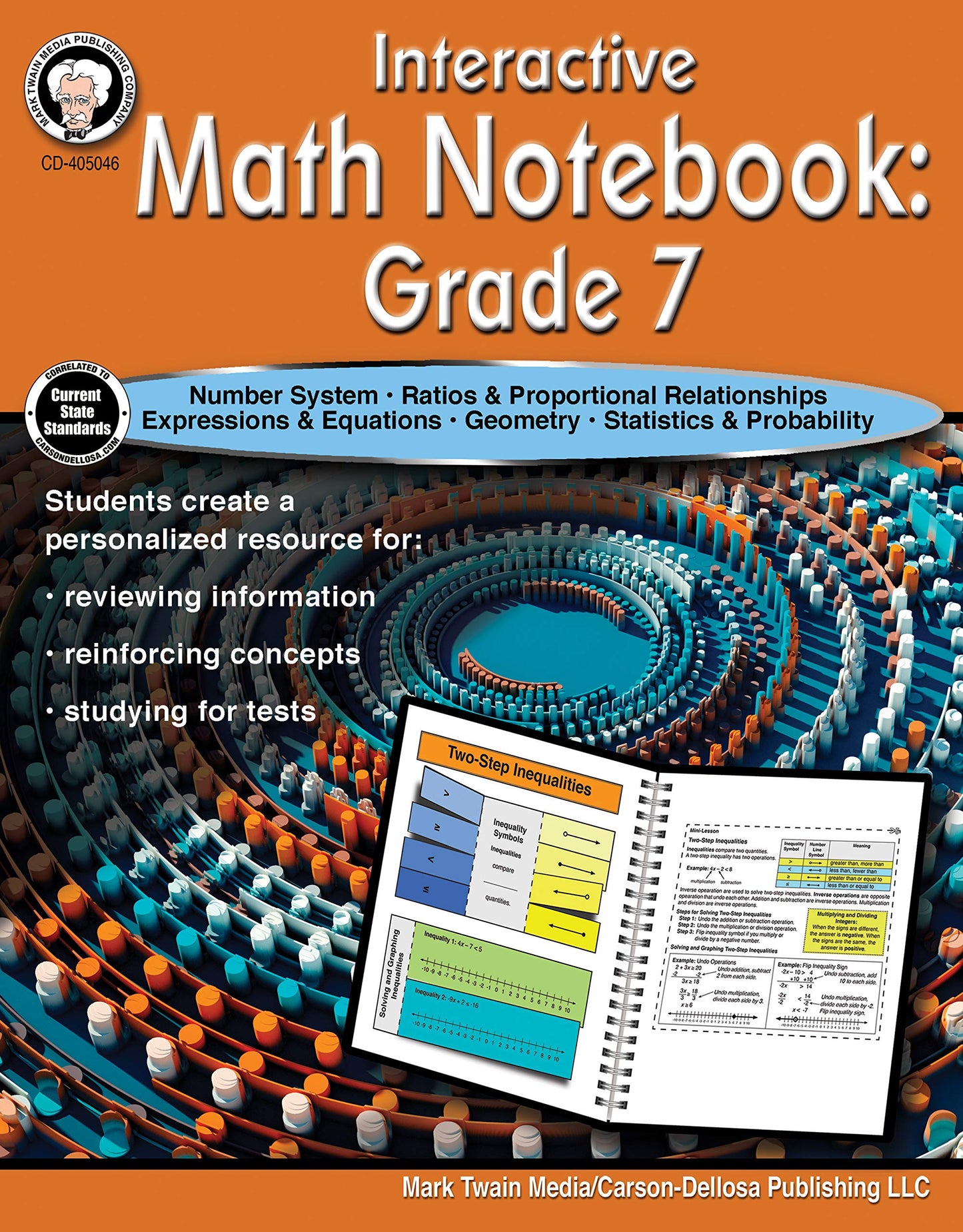 Mark Twain 7th Grade Mathematics Interactive Notebook, Math Workbook and Study Guide Covering Ratio, Equations, Geometry, Statistics, Probably, and More