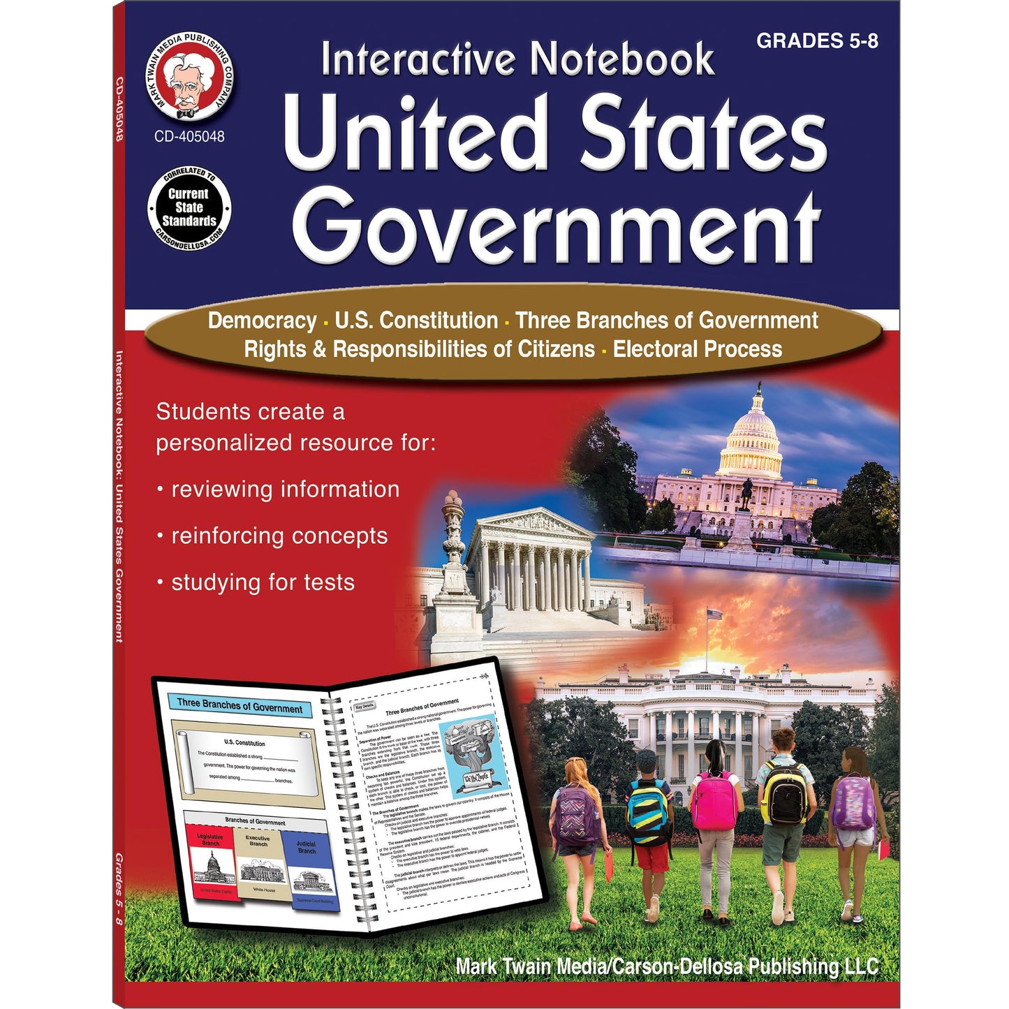 Mark Twain United States Government Book, Social Studies Interactive Notebook for Grades 5-8 Covering Democracy, The Constitution, Three Branches of US Government, and More