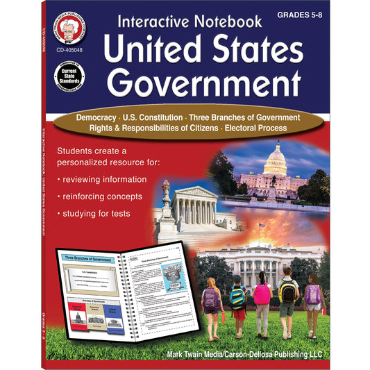 Mark Twain United States Government Book, Social Studies Interactive Notebook for Grades 5-8 Covering Democracy, The Constitution, Three Branches of US Government, and More