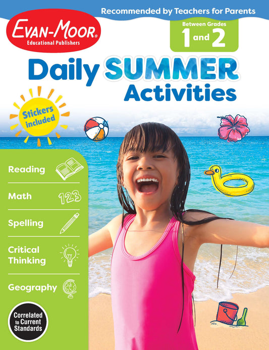 Evan-Moor Daily Summer Activities, Grade 1-2 Workbook, Stickers, Prevent Learning Loss, Reading, Writing, Math, Phonics, Spelling, Nouns, Verbs, Synonyms, Handwriting, Word Problems, Geography, Maps - 4179