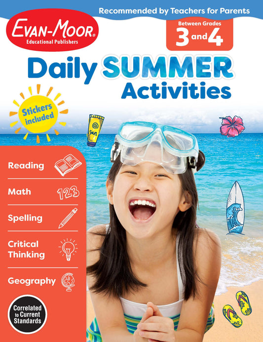 Evan-Moor Daily Summer Activities, Grade 3-4 Workbook, Stickers, Prevent Learning Loss, Reading Comprehension, Writing, Math, Grammar, Punctuation, Spelling, Multiplication, Fractions, Geography, Maps
