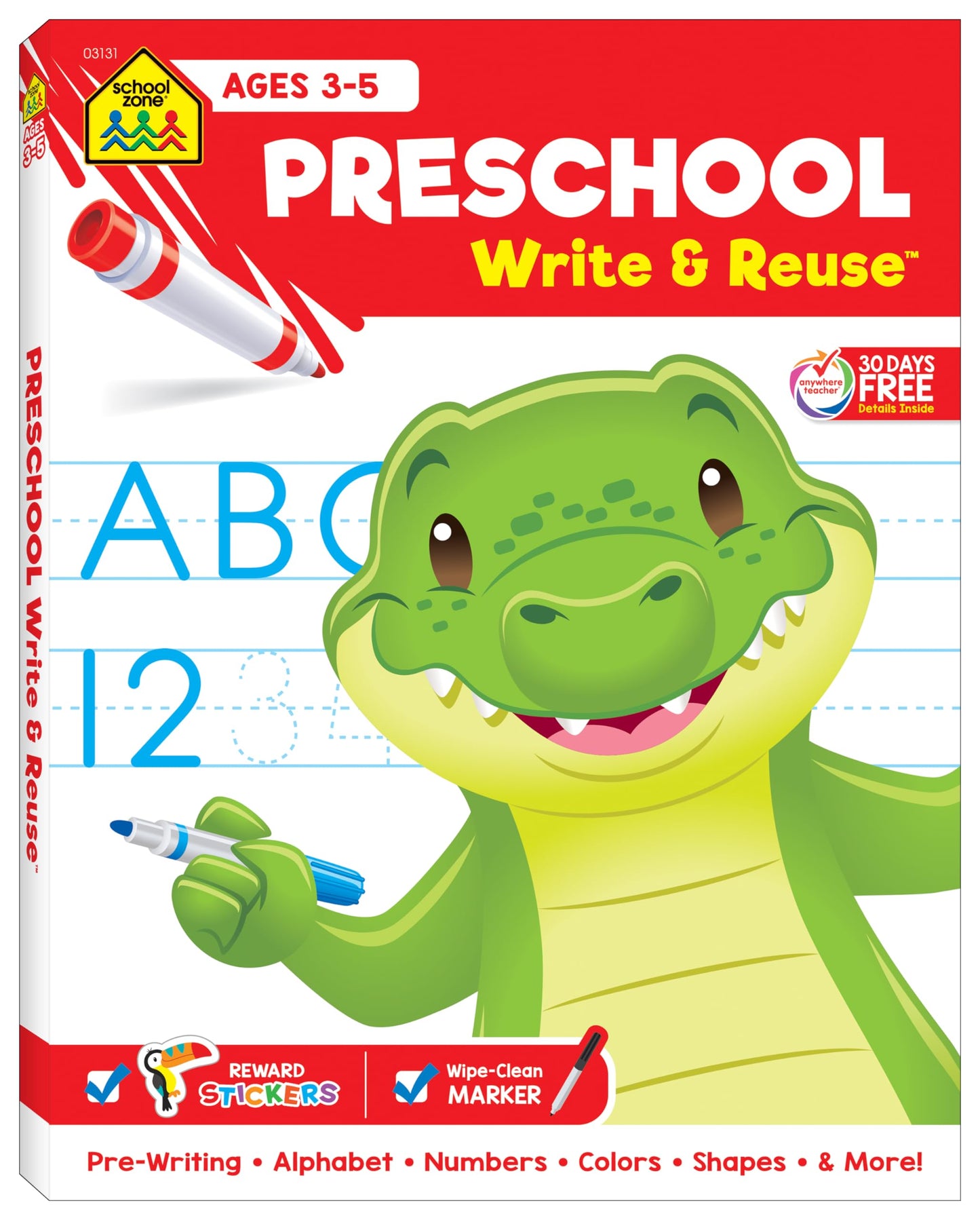 School Zone Preschool Write & Reuse Spiral Workbook: 52 Wipe-Clean Pages, Pre-K, Write-On Learning, Write and Wipe, Writing, Early Math, Numbers, Alphabet, Includes Wipe-Clean Marker, Ages 3-5
