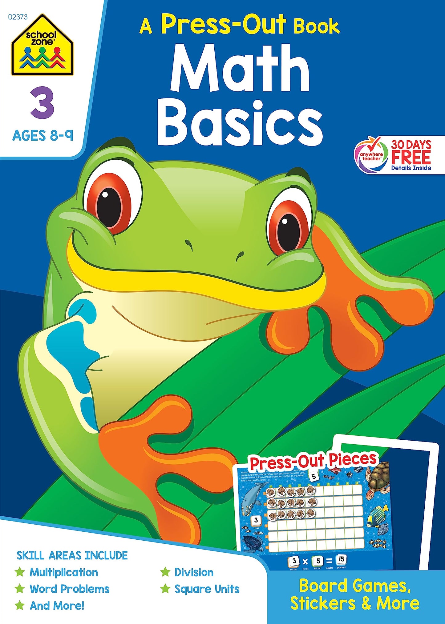 School Zone Math Basics Press-Out Workbook: 64 Pages, 3rd Grade, Manipulatives, Board Games, Multiplication, Word Problems, Division, Square Units, Stickers, Ages 8 to 9 (Punch Out) - 5660