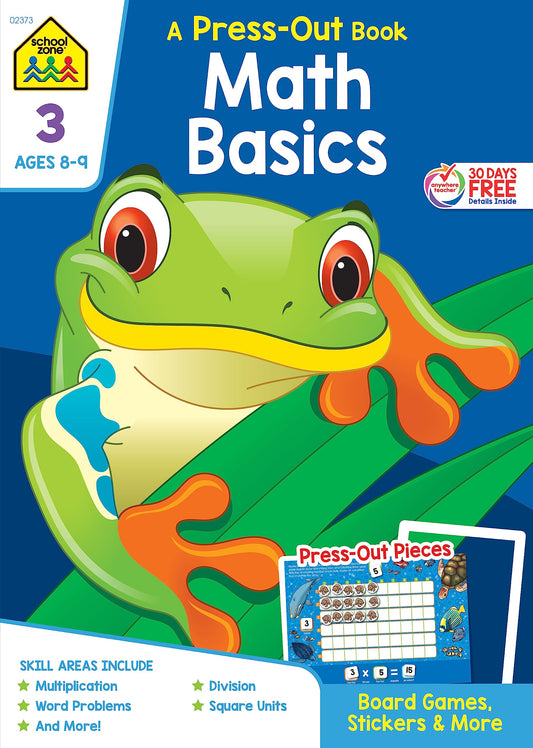 School Zone Math Basics Press-Out Workbook: 64 Pages, 3rd Grade, Manipulatives, Board Games, Multiplication, Word Problems, Division, Square Units, Stickers, Ages 8 to 9 (Punch Out) - 5660