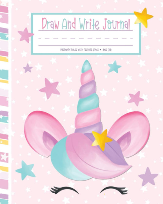 Draw and Write Journal: Cute Rainbow Unicorn Face Primary Composition Notebook Dashed Midline with Half Page Drawing Space for K-2 | Kindergarten to ... Elementary School Supplies | Rose Pink Purple - 2193