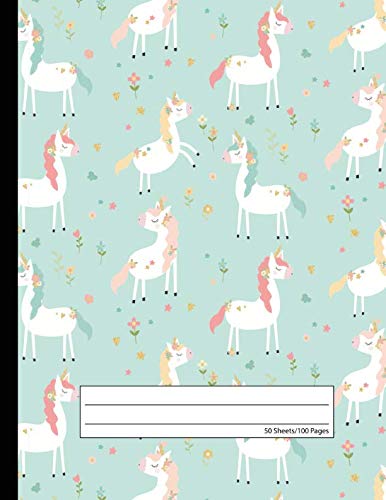 Unicorn Flowers Notebook - Wide Ruled: Composition School Exercise Book For Writing and Taking Notes | 100 Lined Pages - Blue