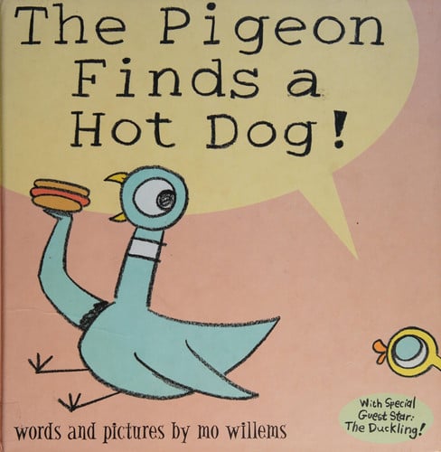The pigeon finds a hot dog!