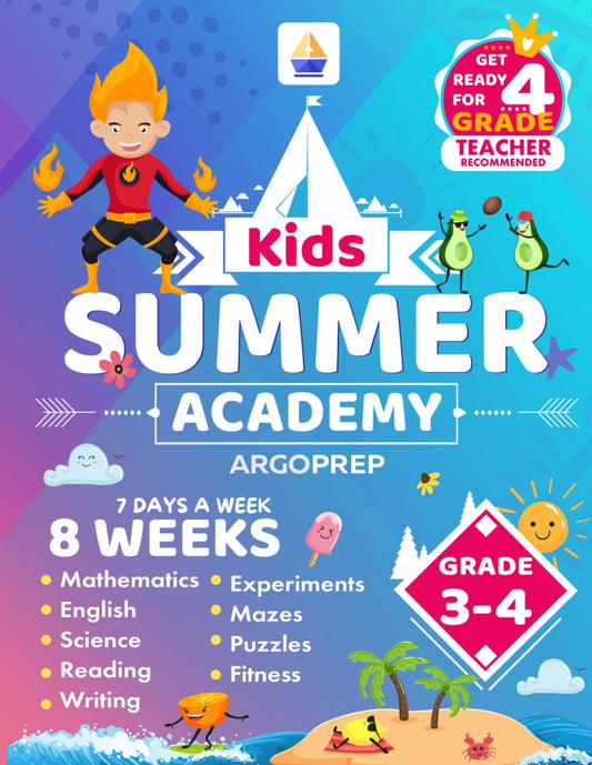 Kids Summer Academy by ArgoPrep - Grades 3-4: 8 Weeks of Math, Reading, Science, Logic, Fitness and Yoga | Online Access Included | Prevent Summer Learning Loss - 4699