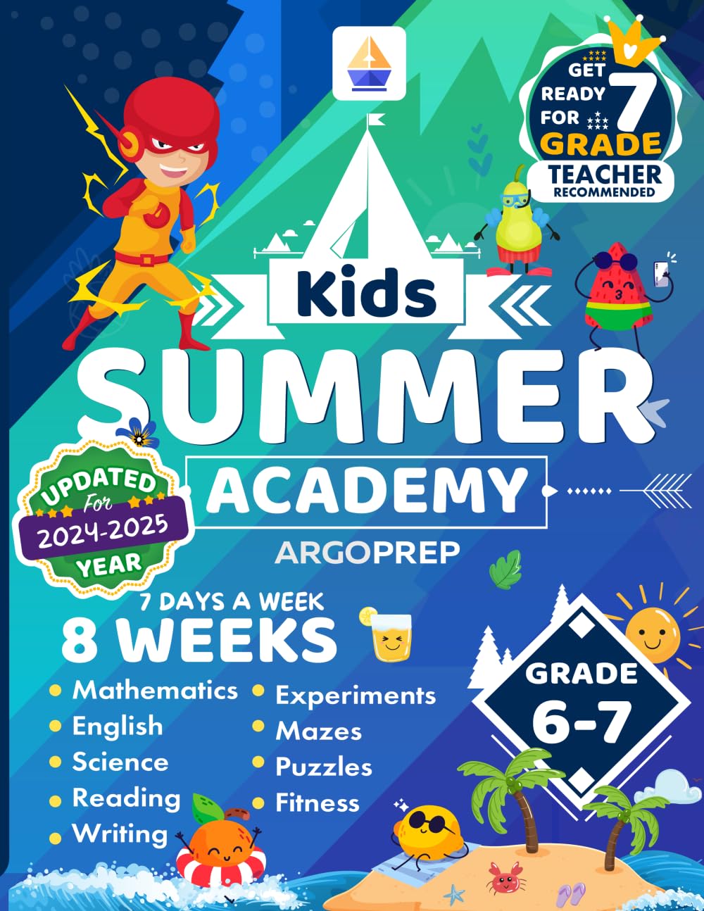 Kids Summer Academy by ArgoPrep - Grades 6-7: 8 Weeks of Math, Reading, Science, Logic, Fitness and Yoga | Online Access Included | Prevent Summer Learning Loss - 3400
