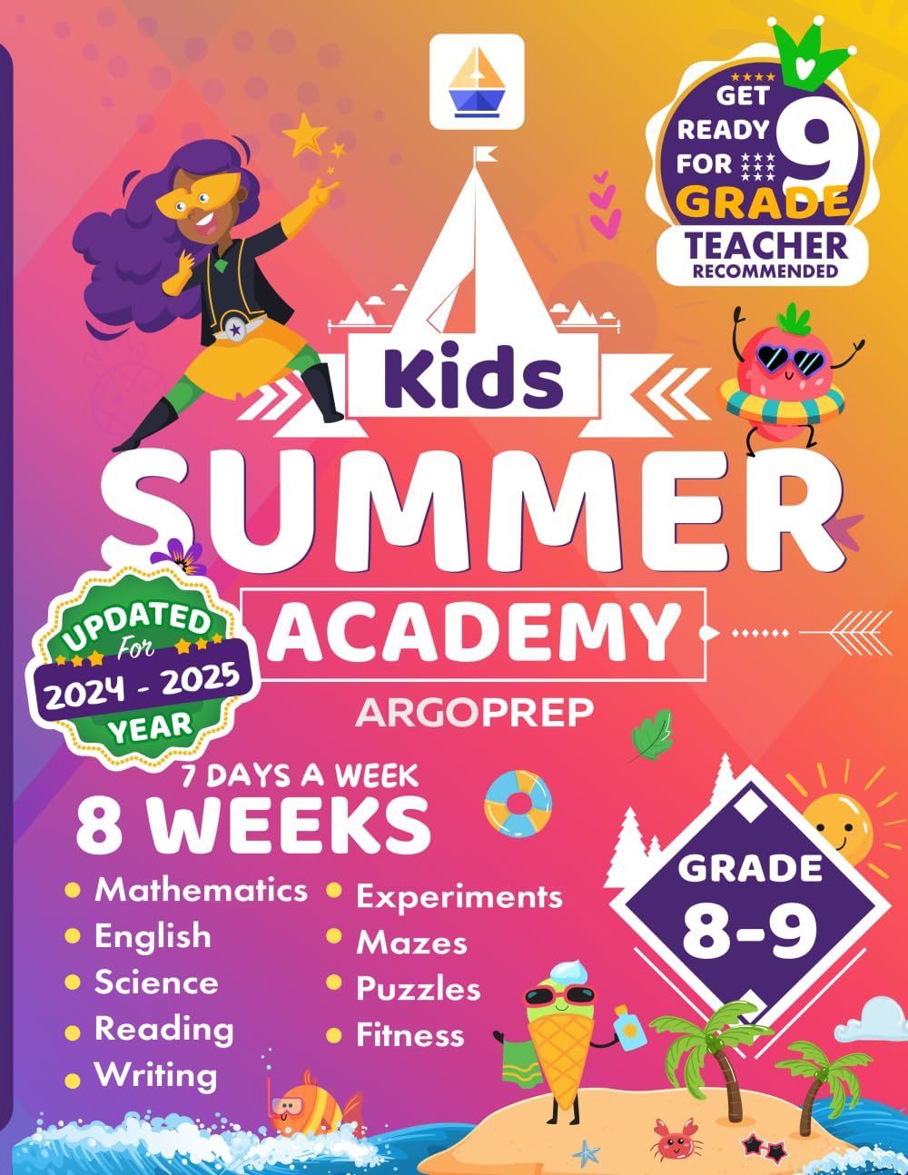 Kids Summer Academy by ArgoPrep - Grades 8-9: 8 Weeks of Math, Reading, Science, Writing, Logic, Fitness and Yoga | Online Access Included | Prevent Summer Learning Loss - 8008