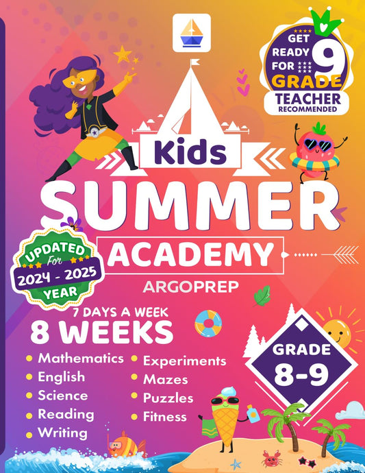 Kids Summer Academy by ArgoPrep - Grades 8-9: 8 Weeks of Math, Reading, Science, Writing, Logic, Fitness and Yoga | Online Access Included | Prevent Summer Learning Loss - 8008