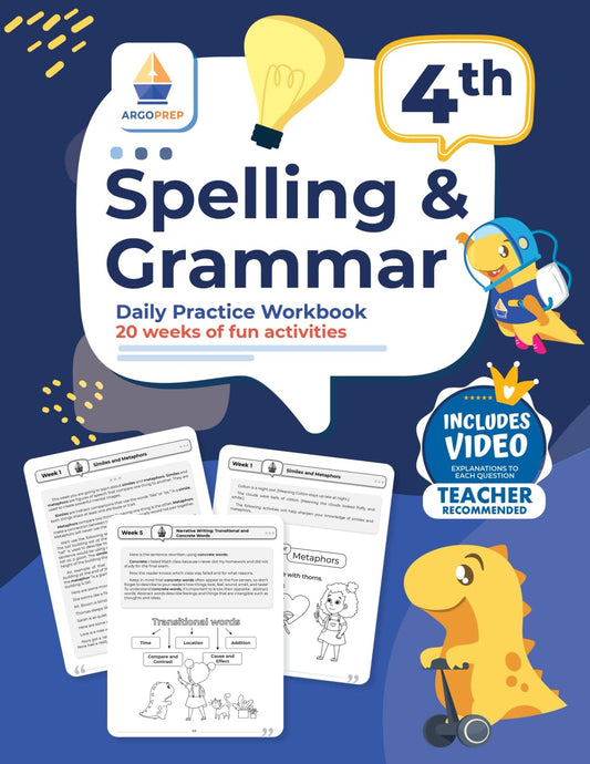 4th Grade Spelling and Grammar Daily Practice Workbook: 20 Weeks of Fun Activities | Video Explanations | Homeschooling & Classroom Resource - 8352
