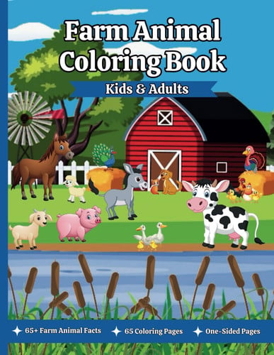 Farm Animal Coloring Book for Kids and Adults: 65 Unique Coloring Pages and Farm Animal Facts for Relaxation, Education, and Stress Relief