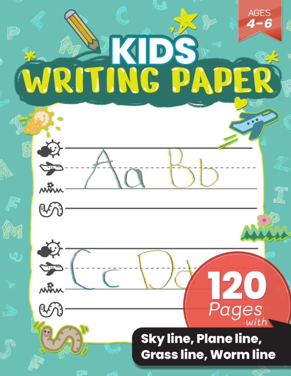 Kids Writing Paper-120 Pages : Green: Sky Line, Plane Line, Grass Line, Worm Line: Pre K, Kindergarten and First Grade: Kids Ages 4-6