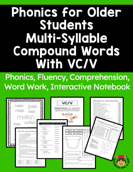 Phonics Workbook for Older Students Multi-Syllable Word Unit VC/V: Phonics, Fluency, Comprehension, Word Work, Interactive Notebook for Older Students: VC/V Phonics - 5333
