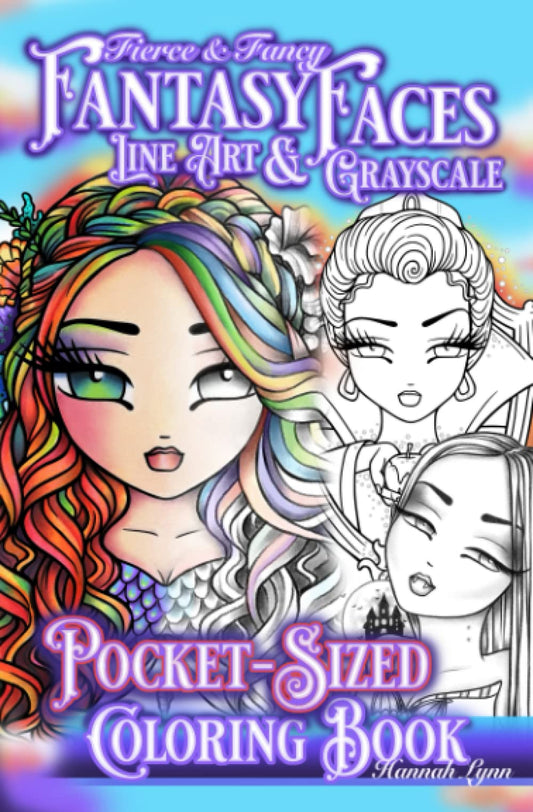 Fierce & Fancy Fantasy Faces Line Art & Grayscale Pocket-Sized Coloring Book - 9841