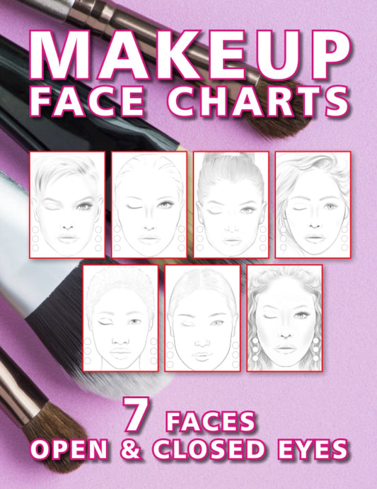 MAKEUP FACE CHARTS: 7 Different Faces with Open and Closed Eyes: Face Chart Worksheets for Makeup Lovers to Plan and Organise Makeup Designs - 2376