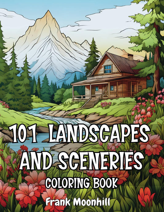 101 Landscapes and Sceneries Coloring Book: Enjoy with Many Relaxing , Beautiful and Peaceful Places (Mountains , Lakeside , Beaches , Resorts , Farms ... , fall , spring in grayscale coloring pages. - 7736