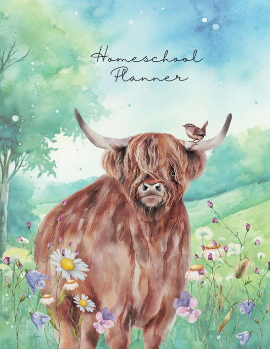 Homeschool Planner: Highland Cow | Great for Multiple Kids | Customizable 6x7 Grid | Monthly Calendar | Attendance Tracking | Curriculum List | Password Keeper - 788