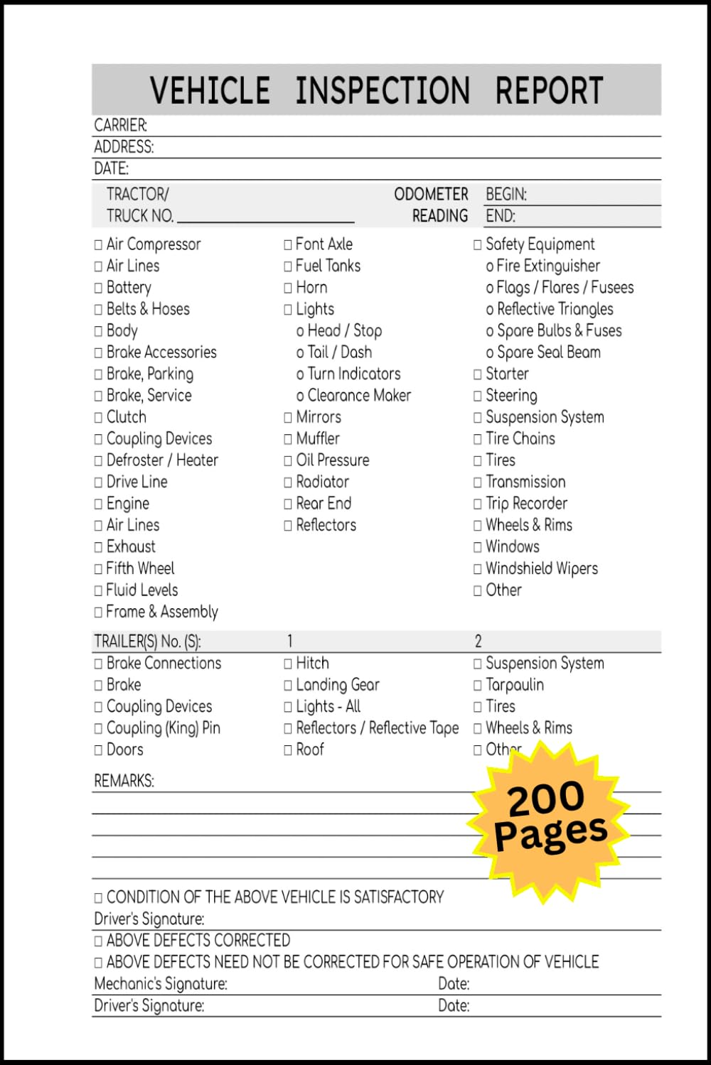 Driver Vehicle Inspection Report Book: Daily Vehicle Inspection Checklist Log Book for Drivers and Truckers, 200 Single-Sided Sheets - 1289