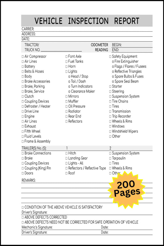 Driver Vehicle Inspection Report Book: Daily Vehicle Inspection Checklist Log Book for Drivers and Truckers, 200 Single-Sided Sheets - 1289