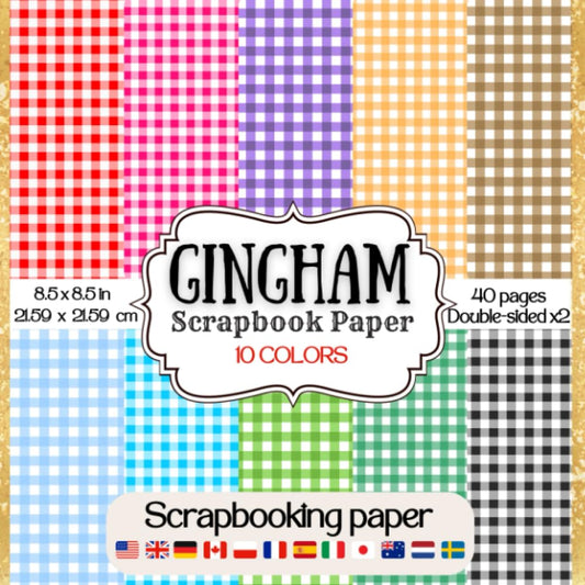 Gingham Scrapbook Paper: Collection of double sided decorative red, black and white, blue, pink, yellow, brown, purple, and green gingham print ... embellishments for DIY crafts projects - 1070