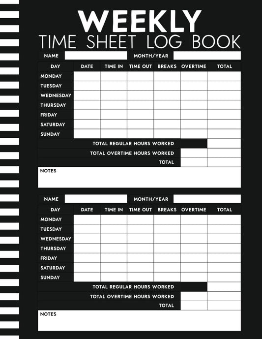Weekly Time Sheet Log Book: Work Hours Logbook With Hours Worked, Breaks and Overtime | Timesheet Log Book | Weekly Employee Time Sheet - 3363