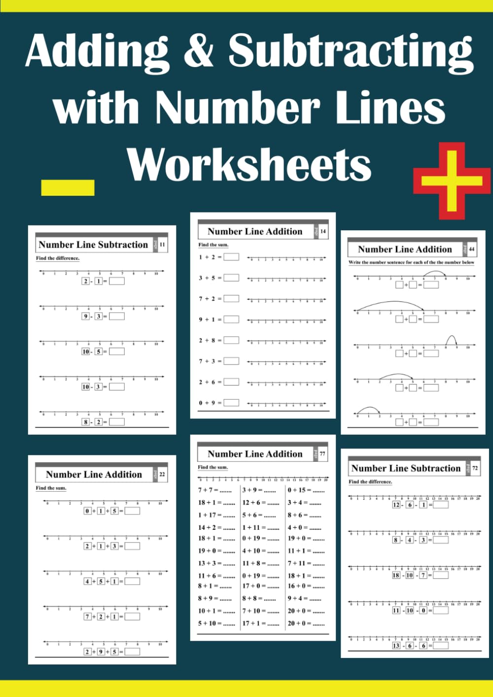 Adding & Subtracting with Number Lines Worksheets: Digits 0 to 20.