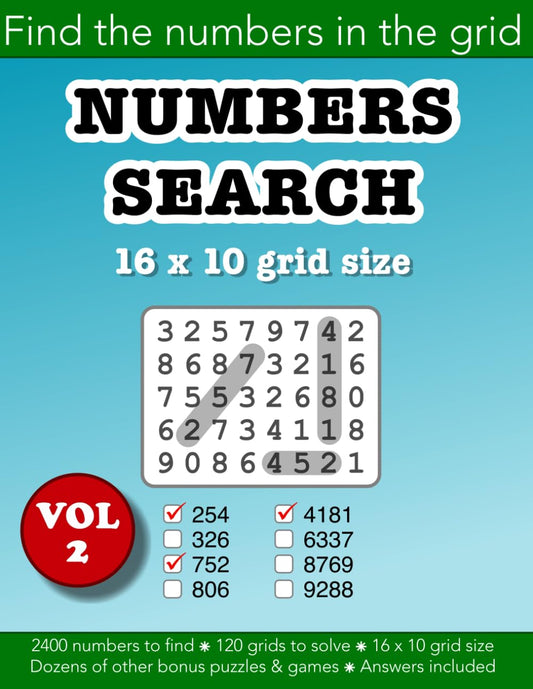 Numbers Search Volume 2: 16x10 grid size: Find the numbers in the grid: Education resources by Bounce Learning Kids (Number Search find the number in the grid puzzles)