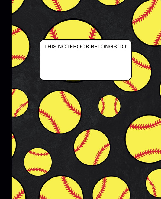 Softball Notebook Black: Wide Ruled Composition Softball Notebook Journal for Girls Softball 7.25” x 9.5” - School Softball Gift for Girls - Black Matte Softball Notebook - 8971
