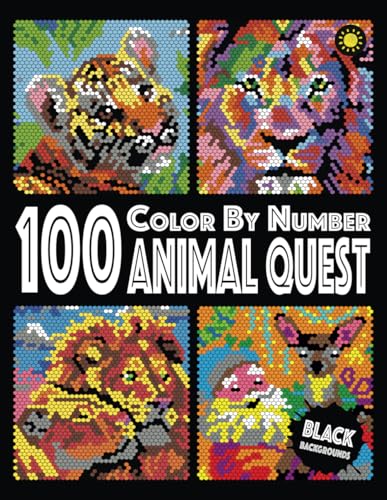 100 Animal Quest Color By Number (Black Backgrounds): color quest activity book with 12-color palette - 309