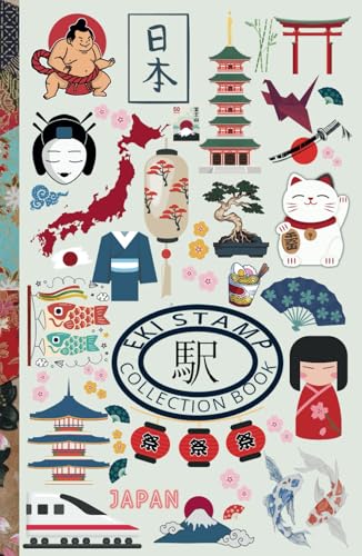 Japan Eki Railway Stamp Book (Hardcover): Japanese Icons Cover, Index and Map, 102 white pages to collect souvenir Rail or Travel Stamps, larger 5.5" x 8.5" - 5203
