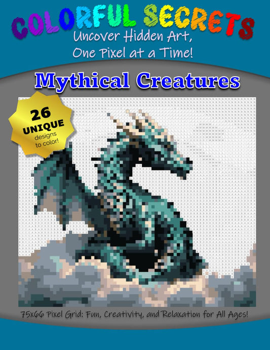 Colorful Secrets Uncover Hidden Art, One Pixel at a Time: A Premium Mosaic Pixel-Art Coloring Book Featuring 26 Magical Mythical Creatures for Adults - 5409