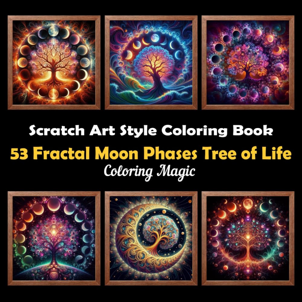 53 Fractal Moon Phases Tree of Life: Stress Relief Scratch Art Style Coloring Book for Adults & Teens, Fractal on Black Background, Mindfulness ... Background Scratch Art Style Coloring Series) - 4514