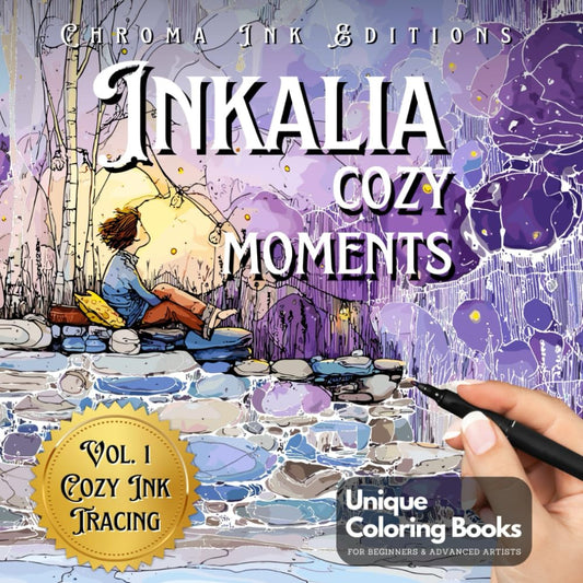 Inkalia Cozy Moments: Stress-Relief Tracing with Just One Black Pen: A Coloring Book for Adults and Teens, Follow the White Lines for a Meditative Creative Escape (Inkalia Loose Line Ink Tracing)